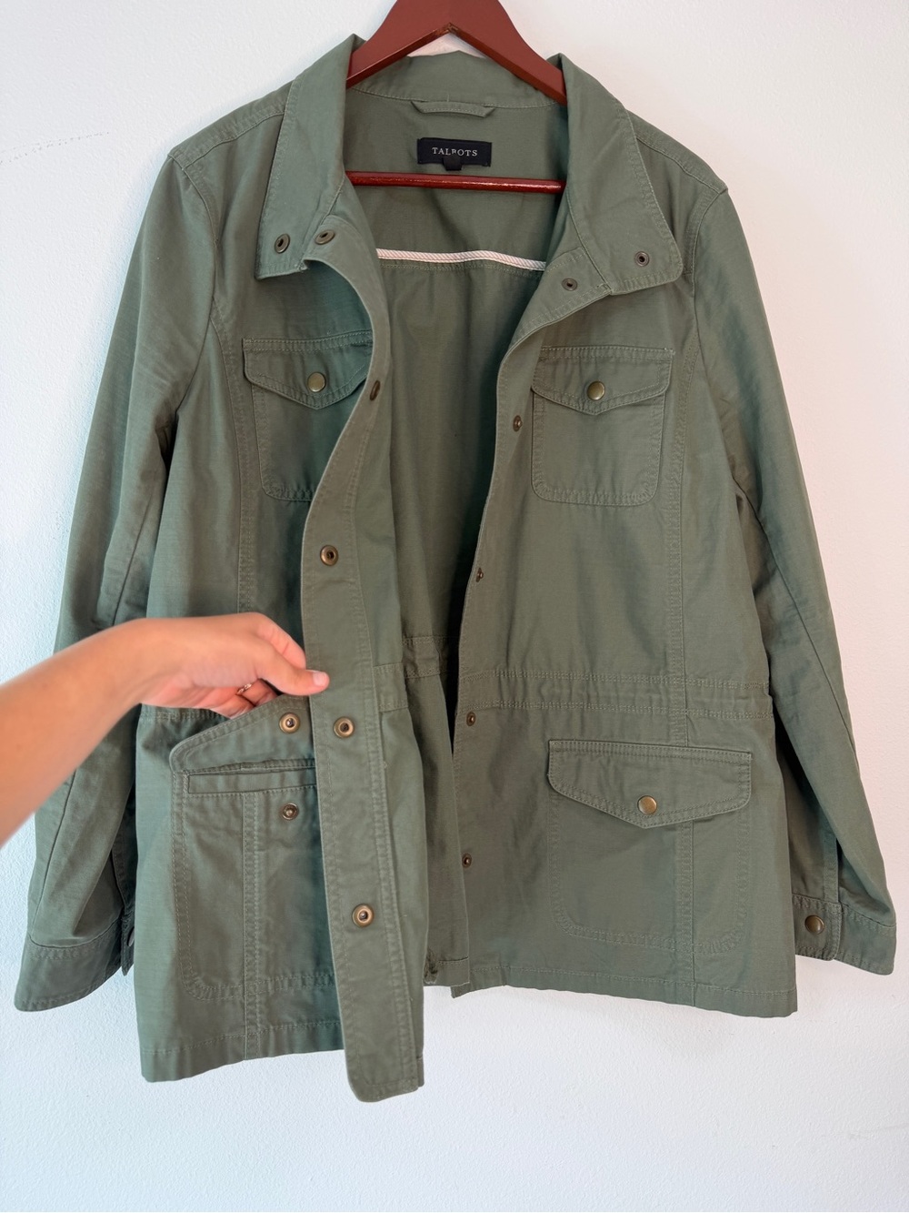Talbots Olive Green Utility Jacket Womens XL Button Snap Military Gorpcore Chic - Picture 2 of 9